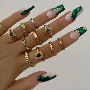 Gold and Green Midi 11pc Ring Set